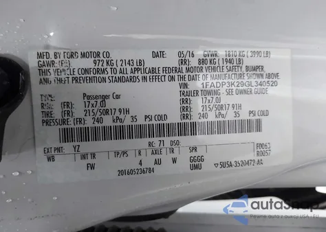 2016 Ford Focus Se z USA, uszkodzony, nr VIN 1FADP3K29GL340520